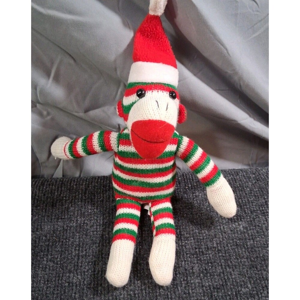 Christmas Sock Monkey Wearing Santa Hat Plush Stuff Holiday 10" Red Green White